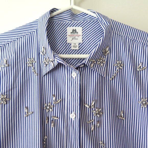 NWT J.CREW Collection Thomas Mason Embellished Shirt, Blue & White Stripe, Sz 16 - Picture 3 of 12
